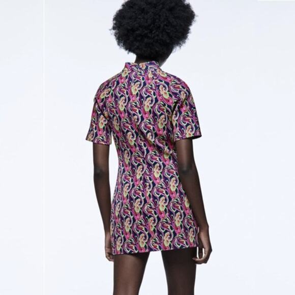 2/$30 NWT ZARA Floral Mini Shift Dress Navy Pink High Neck Short Sleeve #7305 - Picture 8 of 16